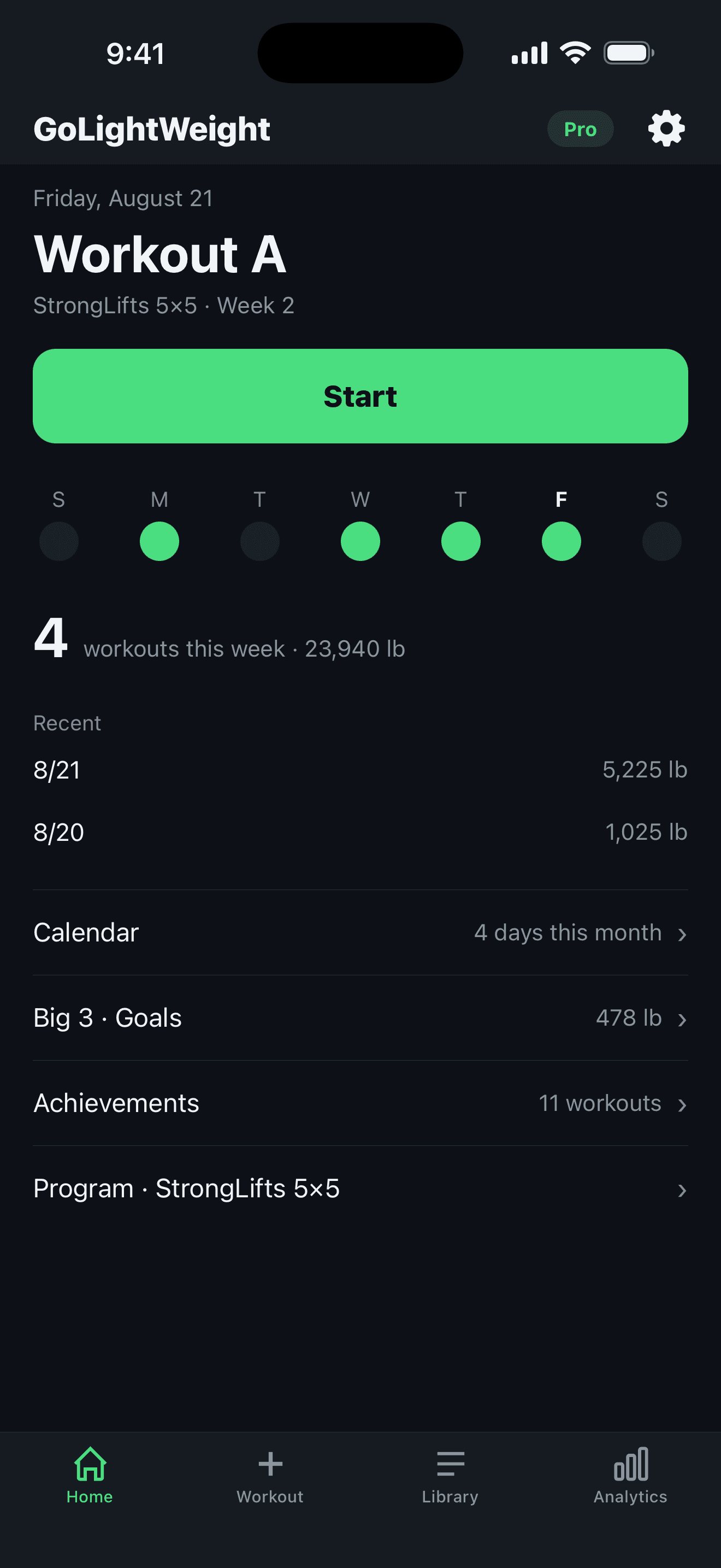 GoLightWeight home screen